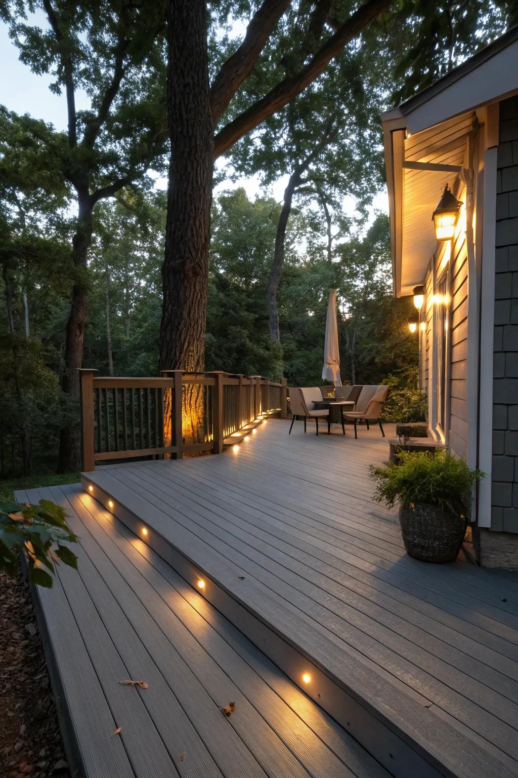Smart lighting changing the vibe of a grey deck.
