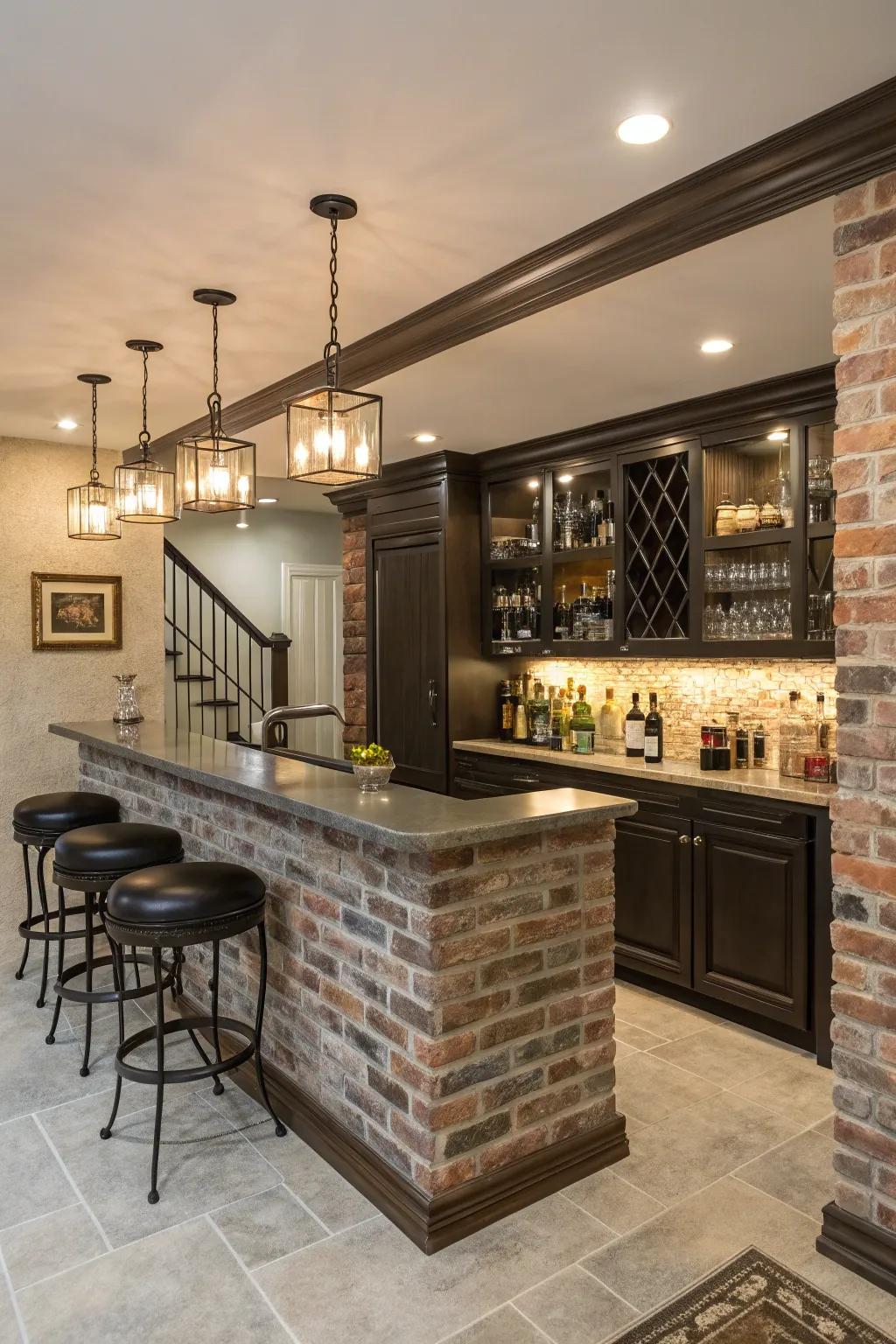 A stylish home bar with a stylish brick accent wall backdrop.