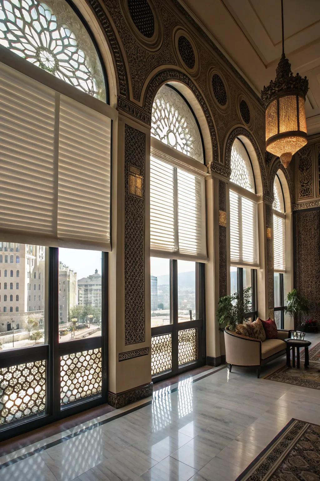 Chic room with arched windows and half window blinds.