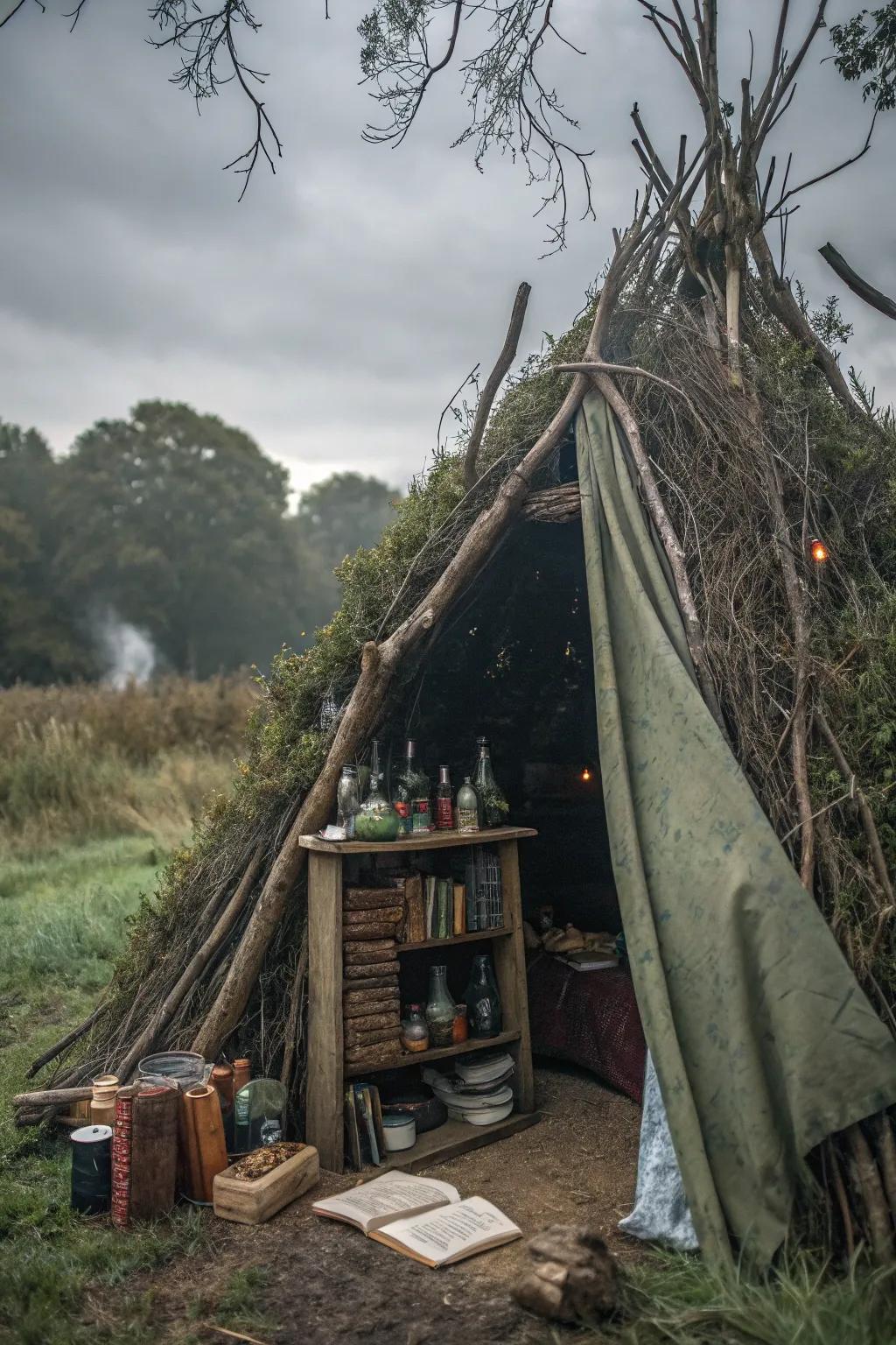 A sorceress's shack brimming with magical artifacts and mystery.