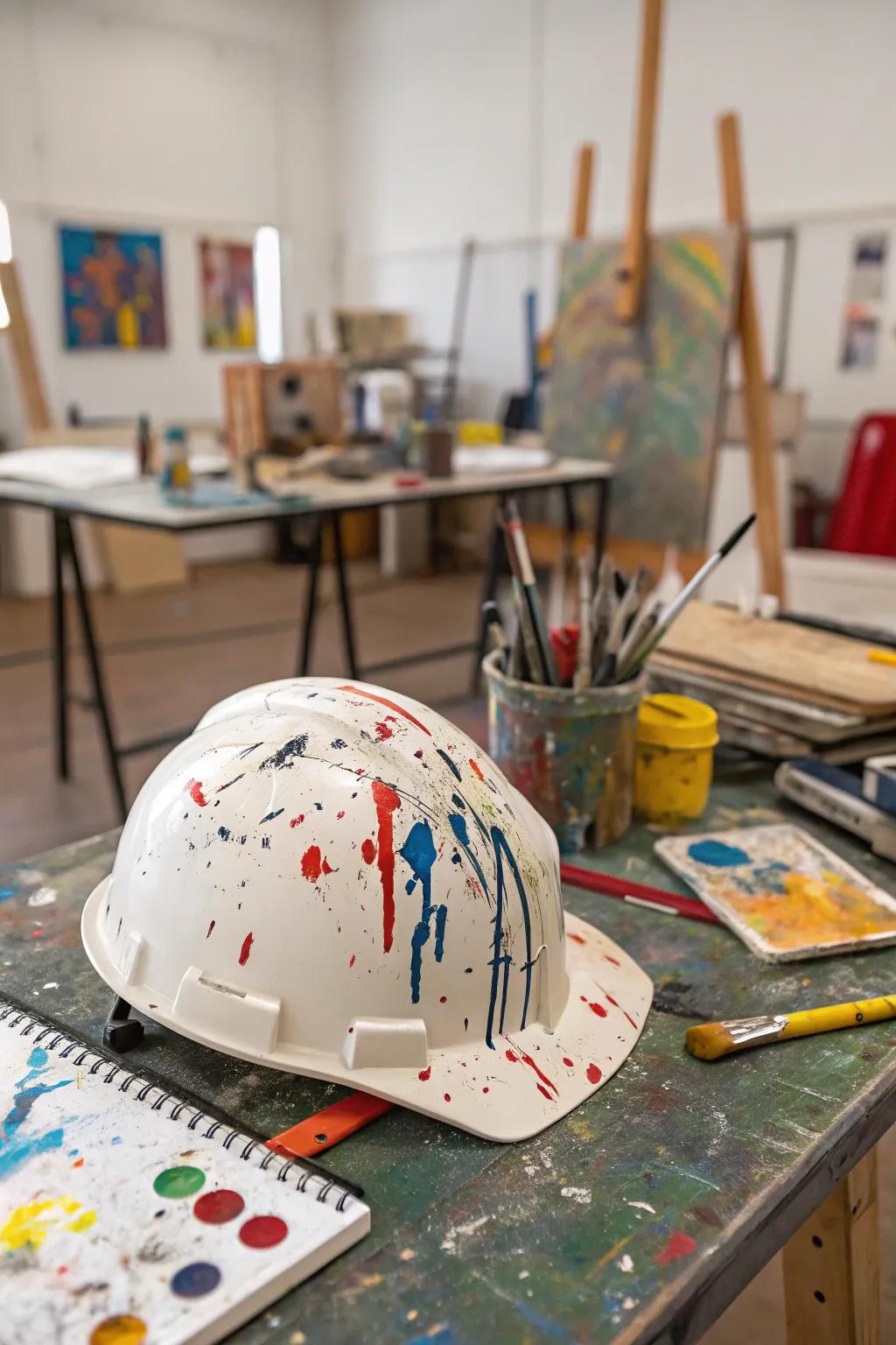 A hard hat radiating abstract creativity.