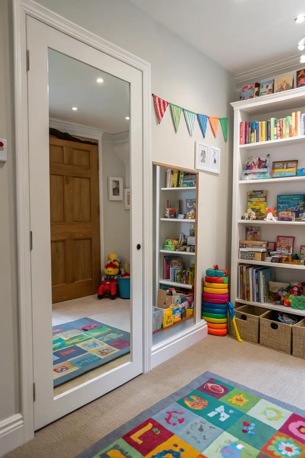 A hidden mirror door keeps play areas tidy and private.