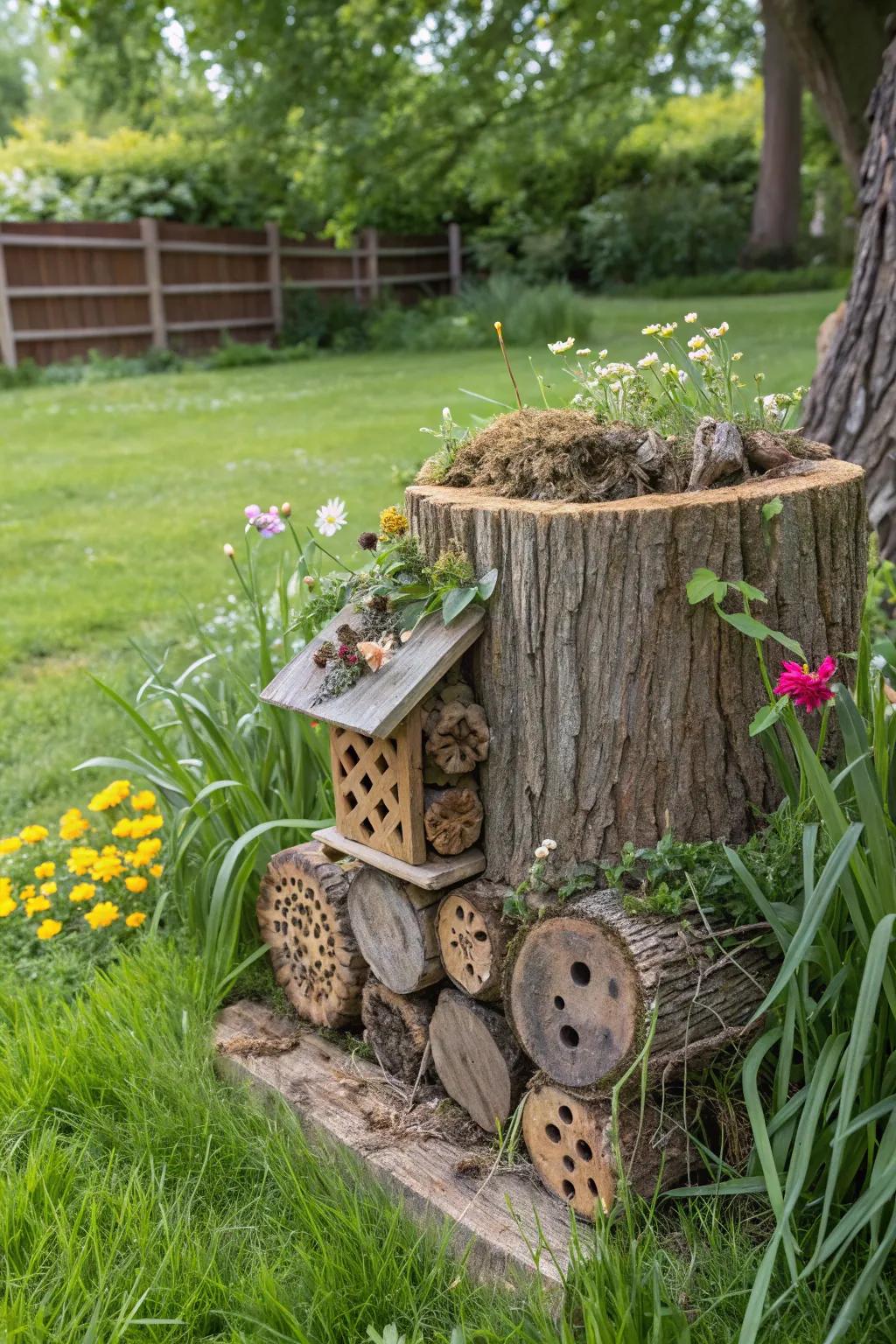A bug shelter fashioned from a tree stump sustains garden biodiversity.