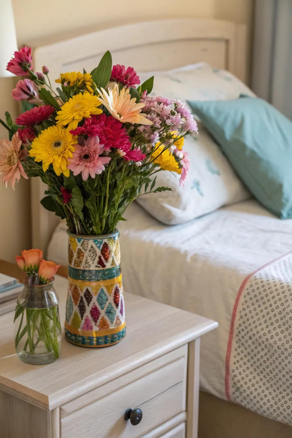 Cheerful flower arrangements illuminate bedside tables.