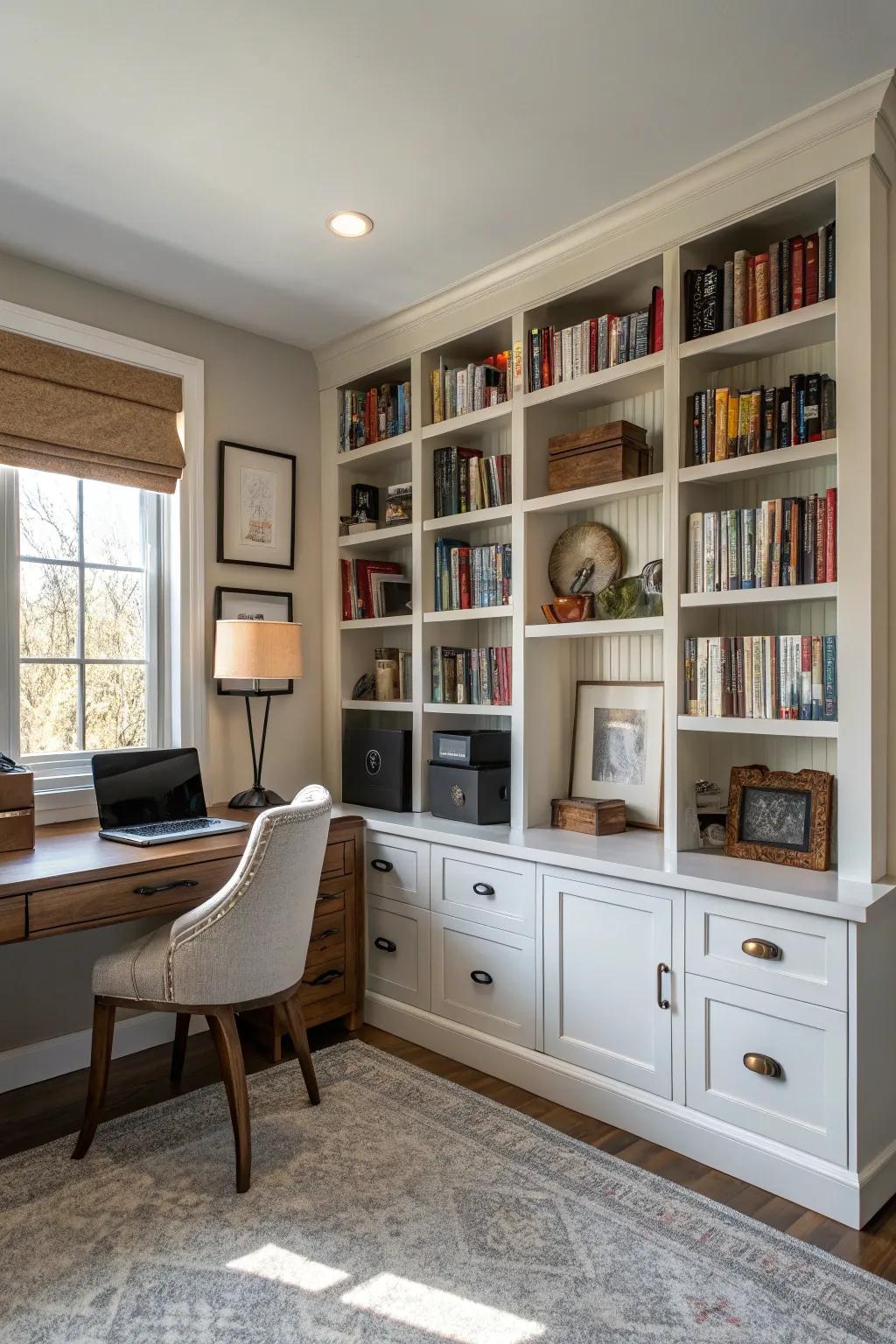 Vertical storage solutions ensure your workspace is organized and spacious.