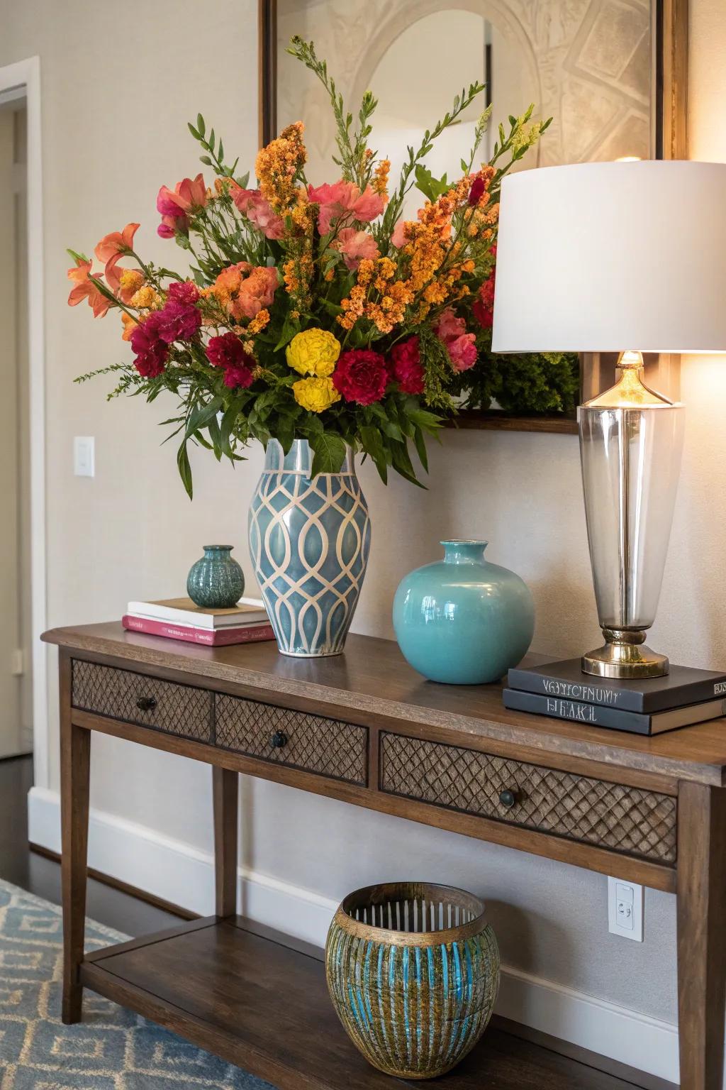A bold splash of color elevates and energizes the console table.