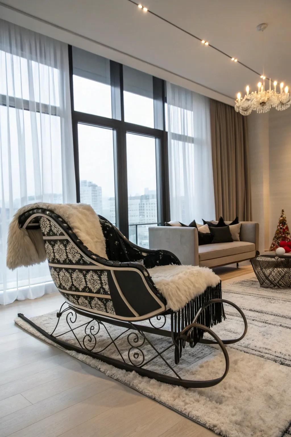 A modern sled featuring bold black and white accents