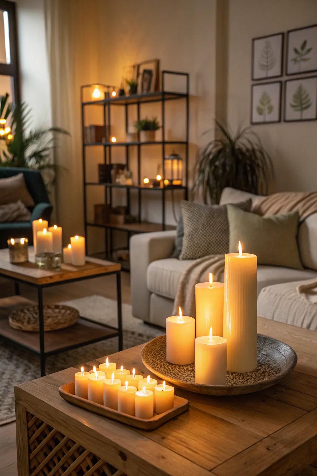 Candlelight adds warmth and coziness to the living room.