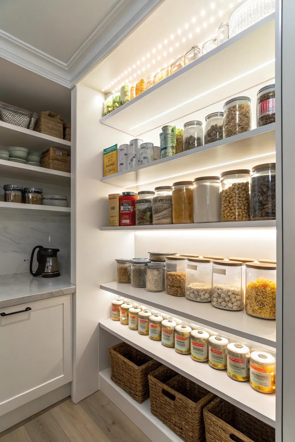 Led strip illumination elevates the ambiance and visibility within a pantry.