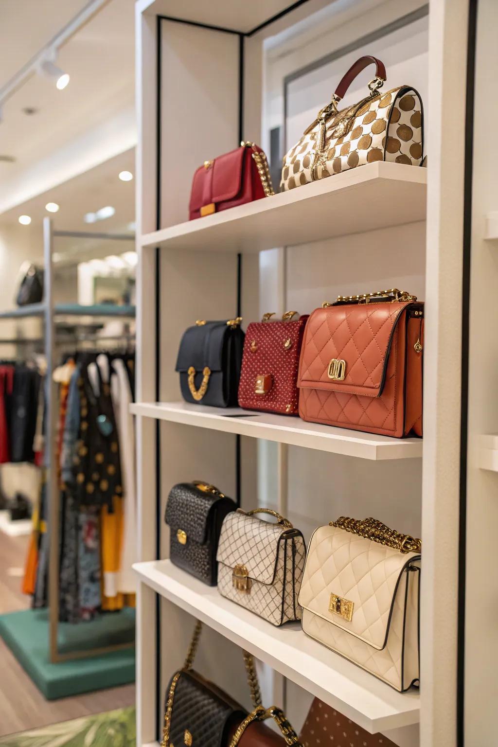 A privacy screen creatively used to display handbags, enhancing the room's décor.