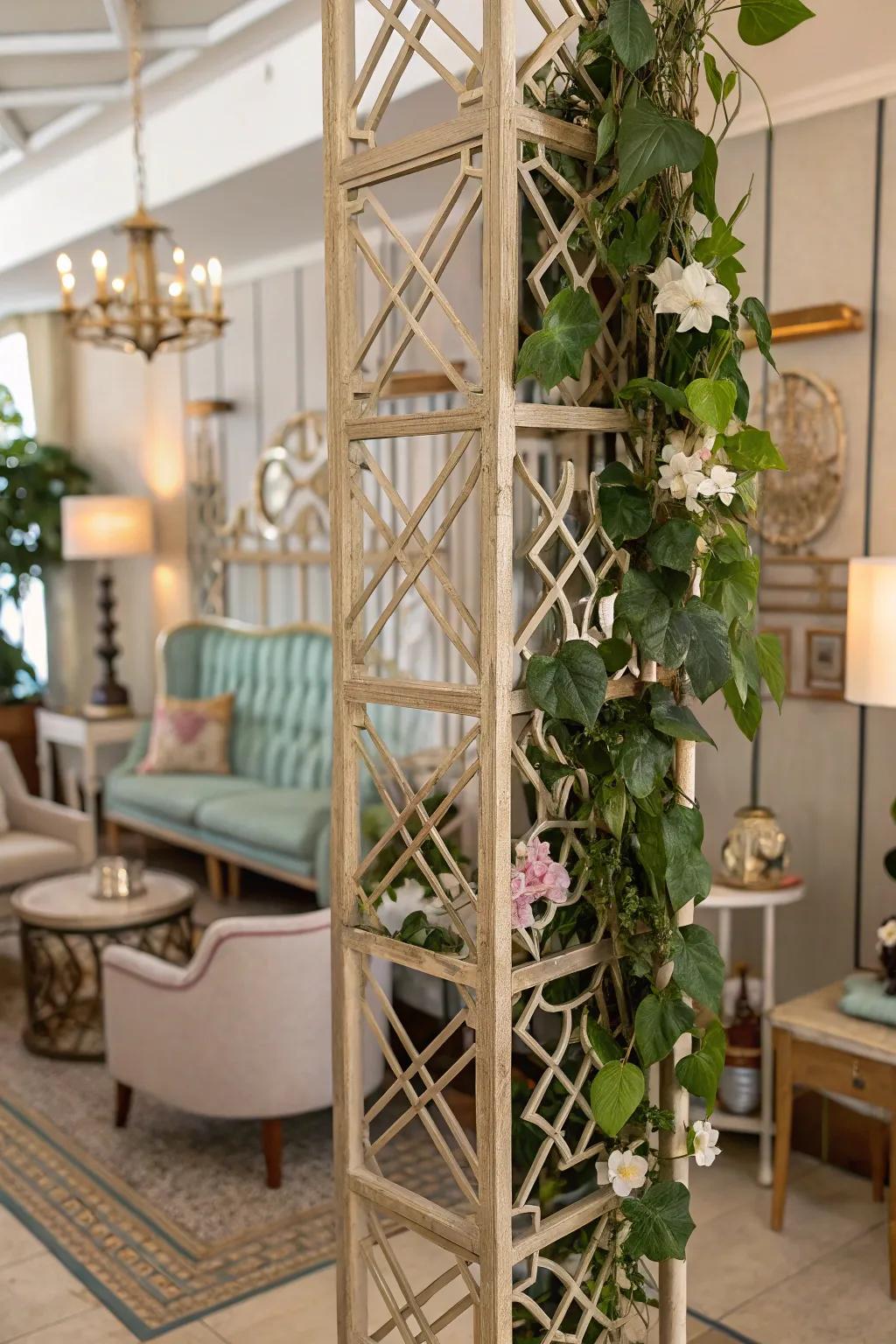 A vintage-themed room showcasing a Waxplant on a Vintage Deco-inspired trellis.
