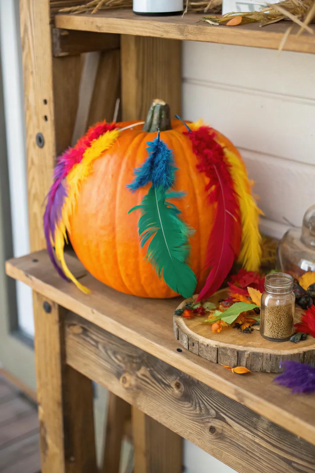 A feather-decorated pumpkin bringing a whimsical touch to the decor.