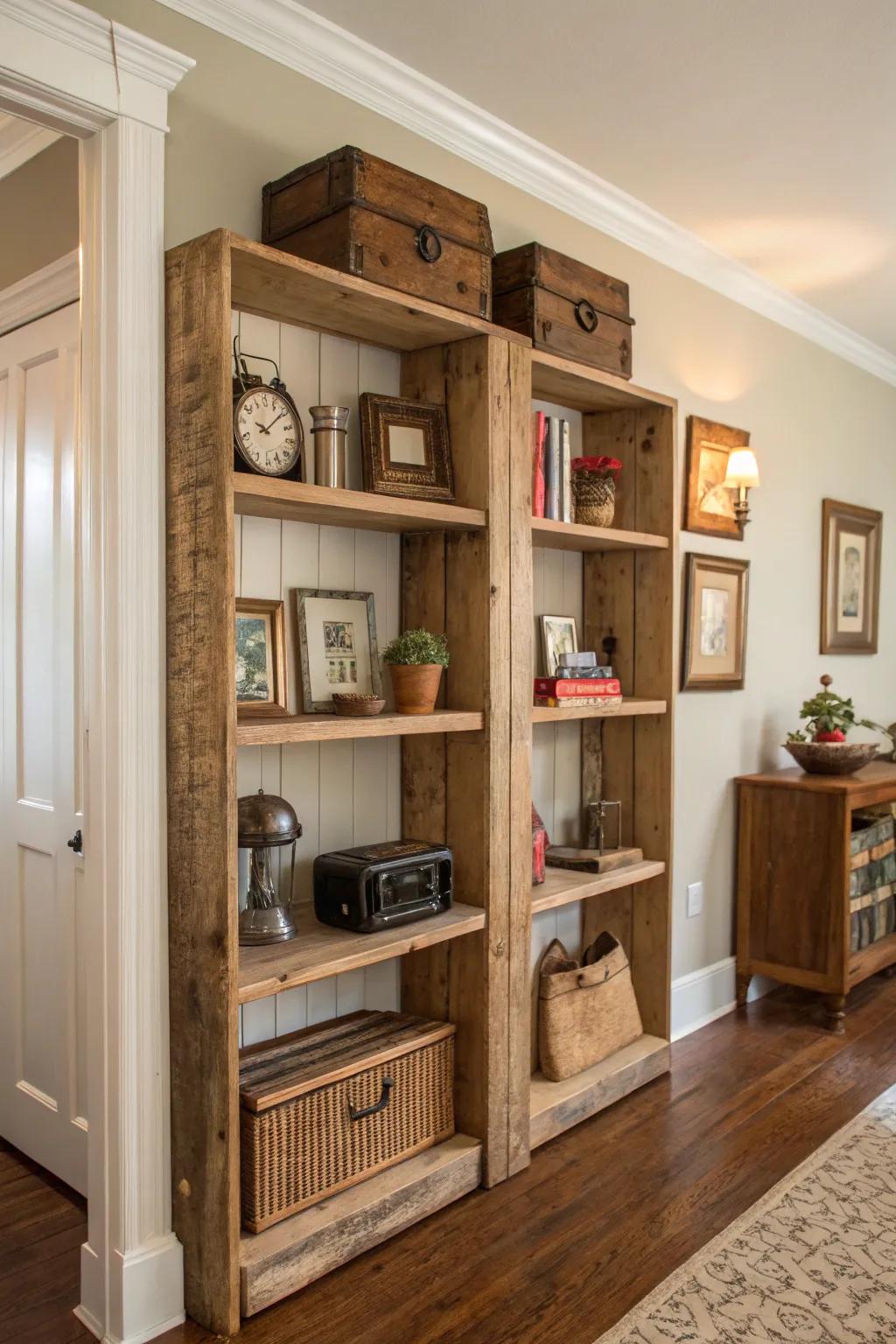 Incorporate classic charm with restored wood built-in shelves.