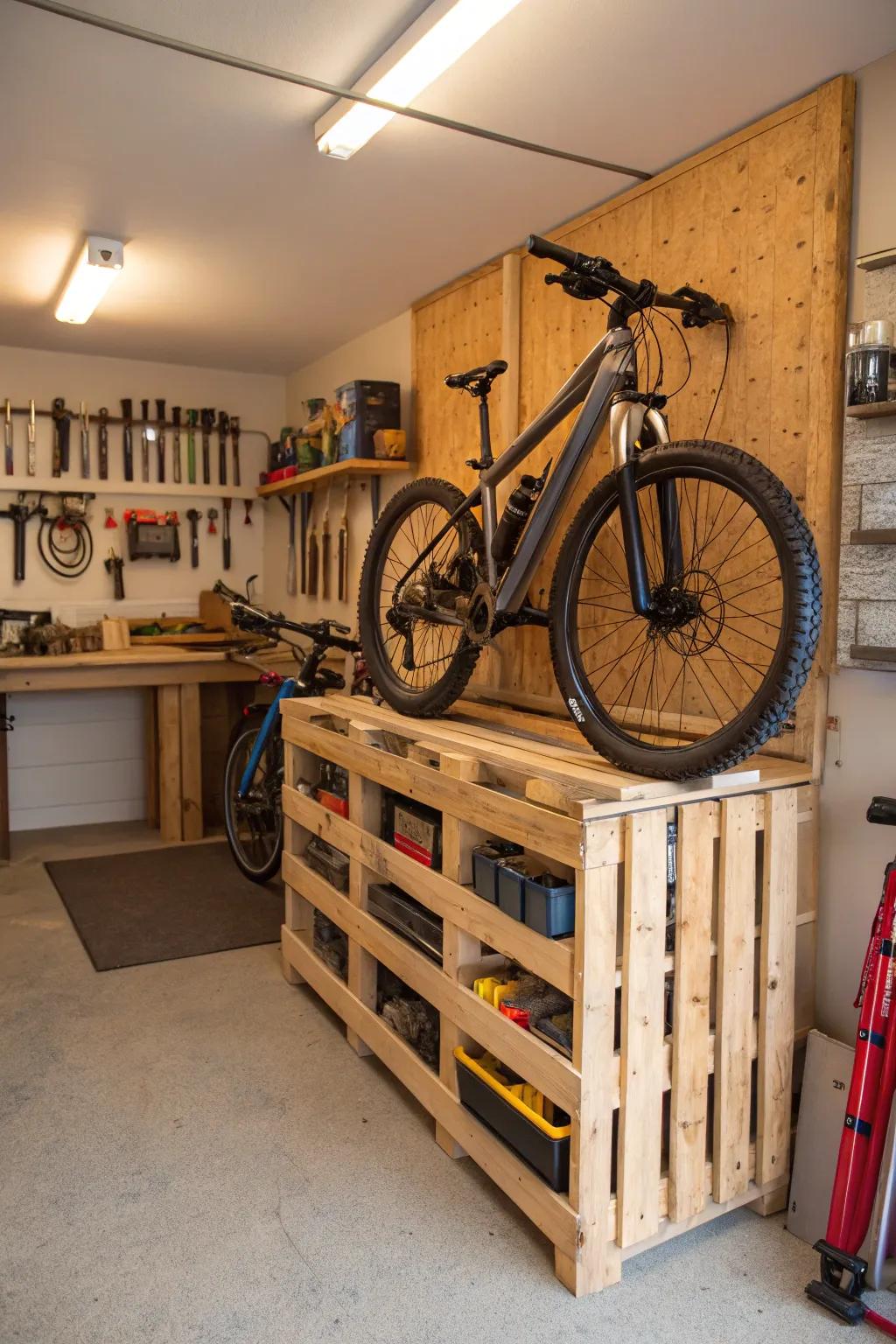 A DIY pallet bike rack offers a rustic, budget-friendly option.