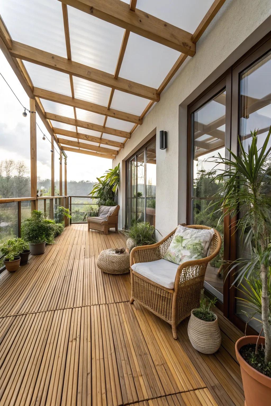 Eco-friendly materials like bamboo enhance the sustainability of this indoor deck.