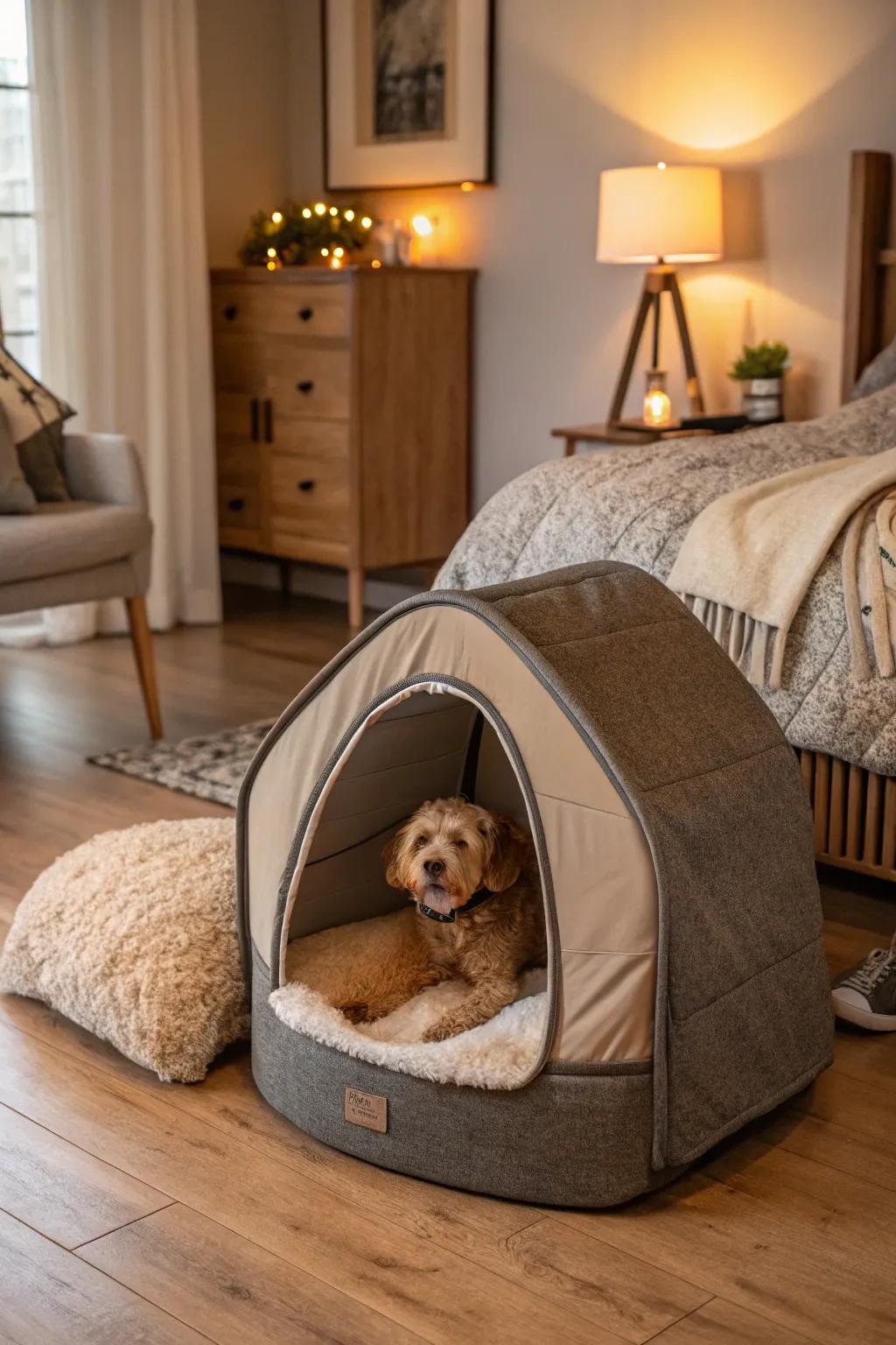 Comfort and style: a pet bed that easily converts into a dog house.