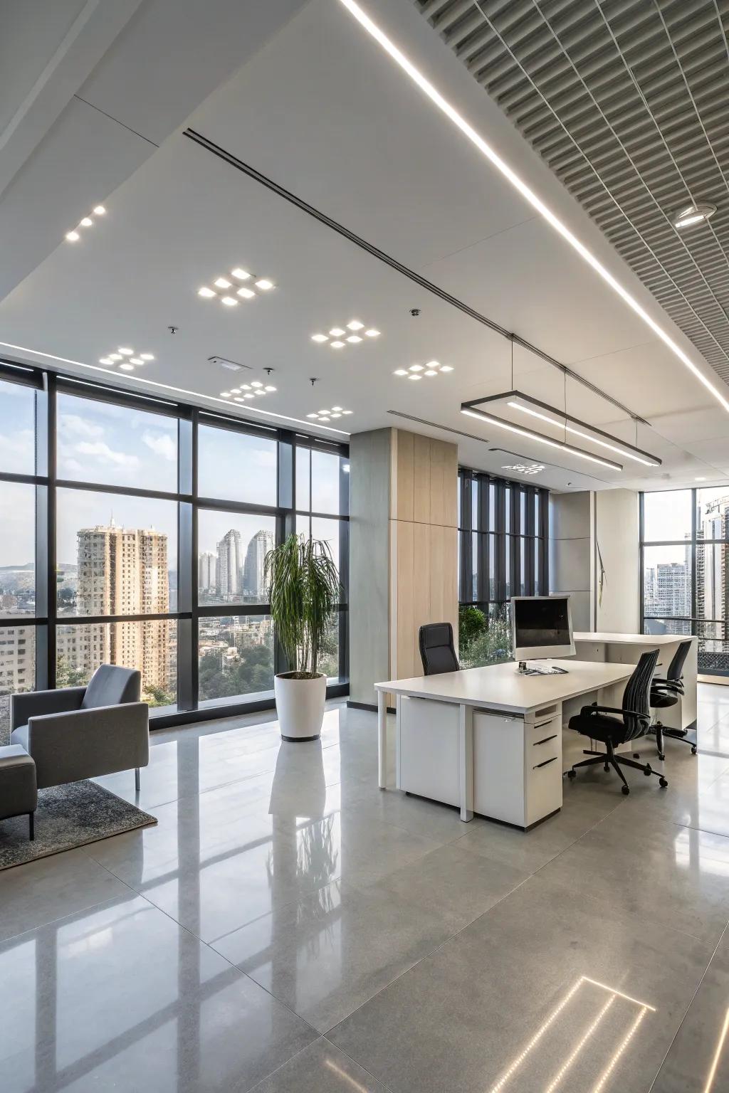 Stylish office featuring professional LED high bay illumination