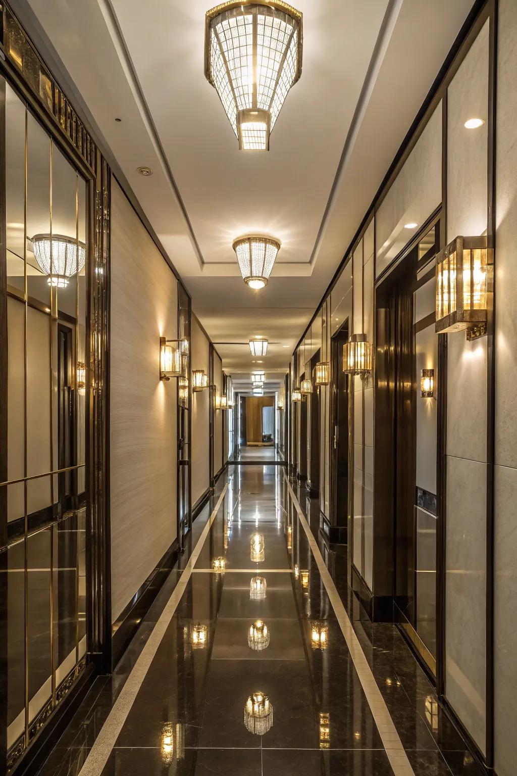 Reflective illumination fixtures injecting glamour and enhancing space within a corridor.