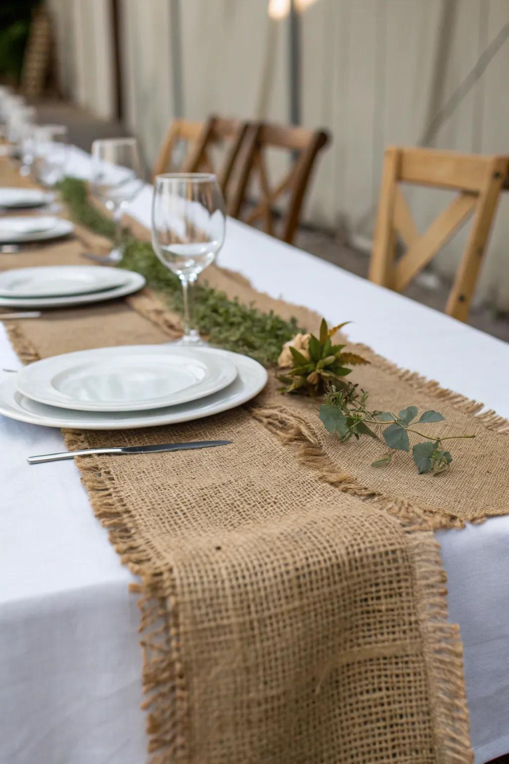 Burlap runners introduce an earthy, rustic touch.
