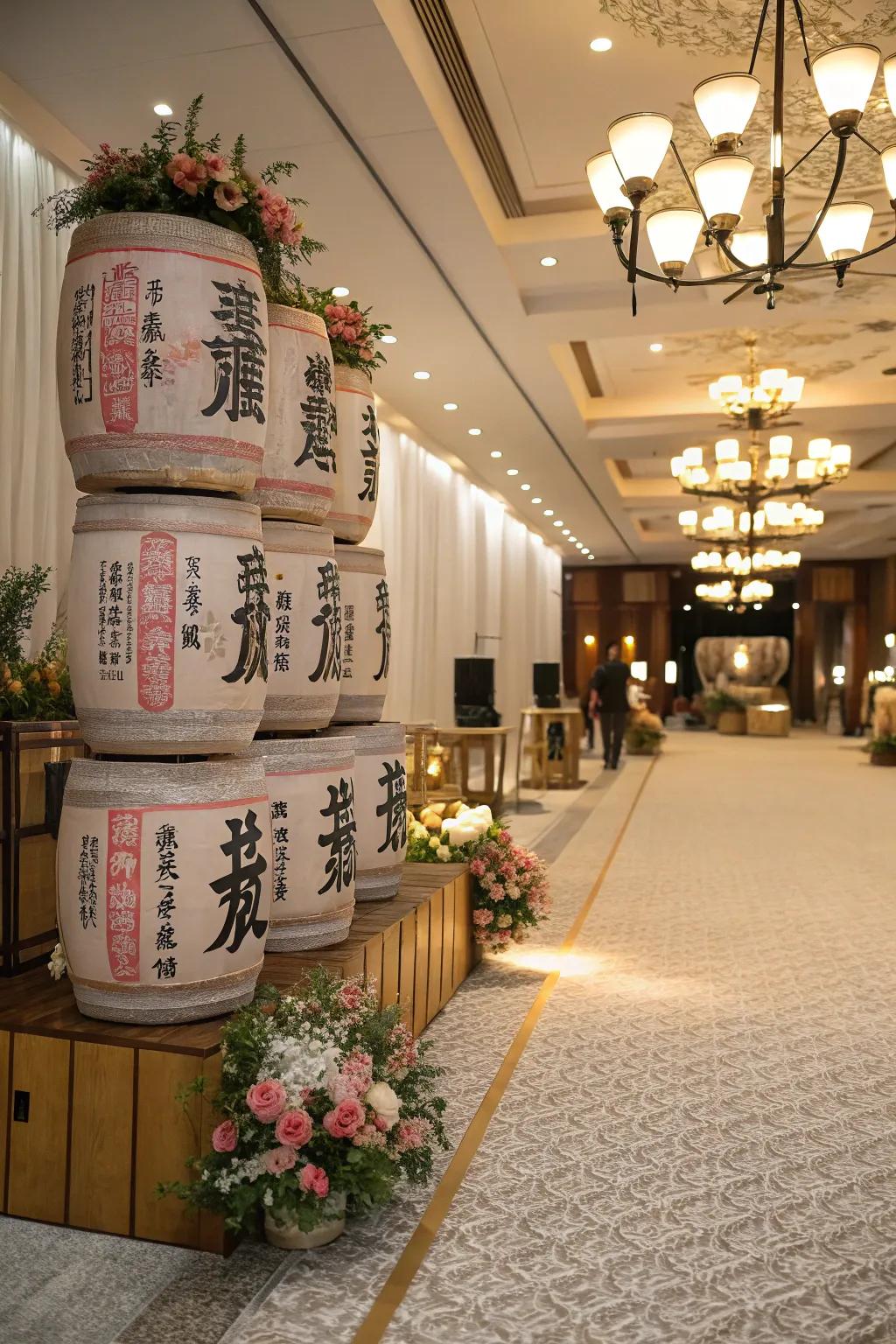 A liquor cask display serves as a cultural element.