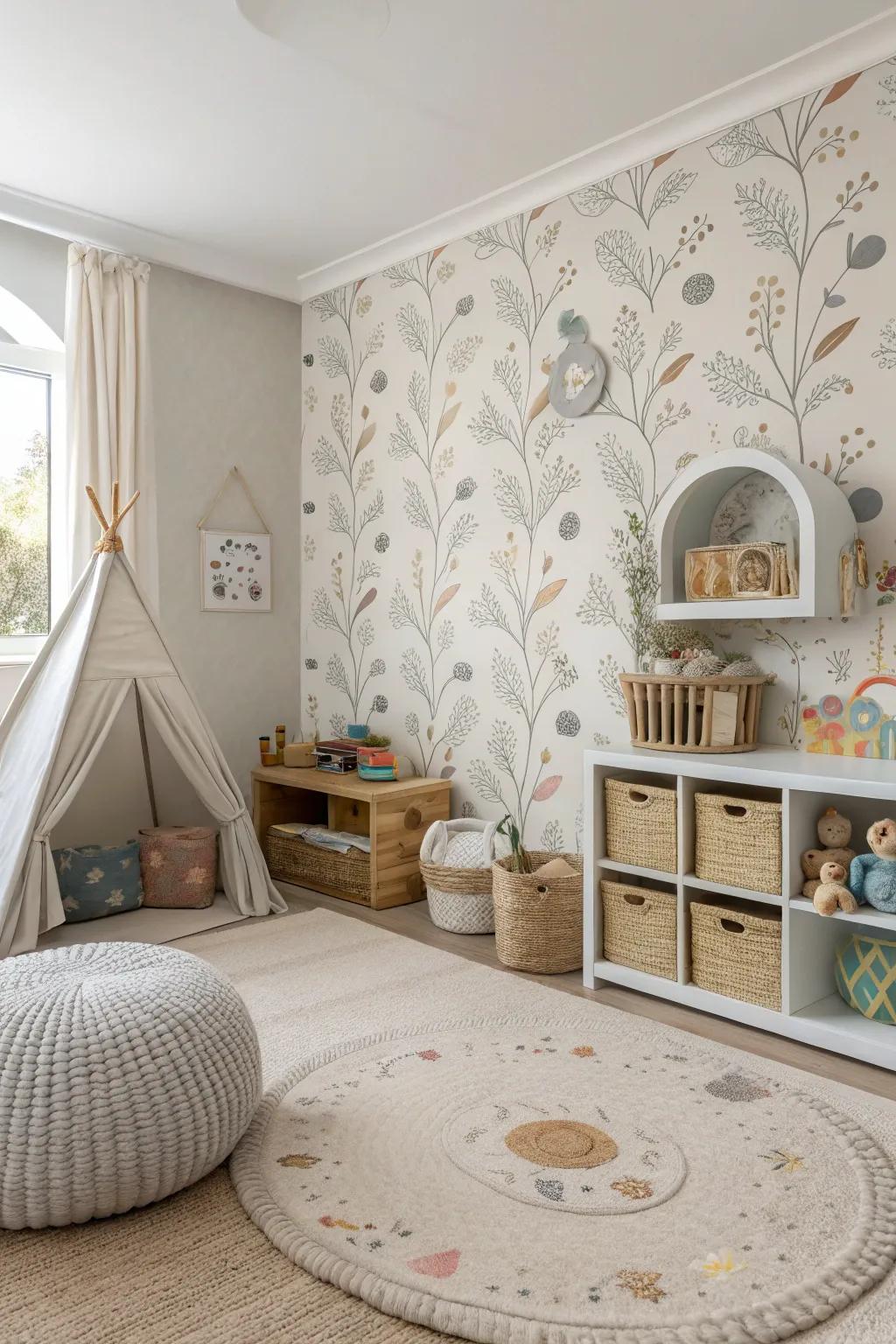 A playroom showcasing eco-conscious wallpaper, combining safety with style.