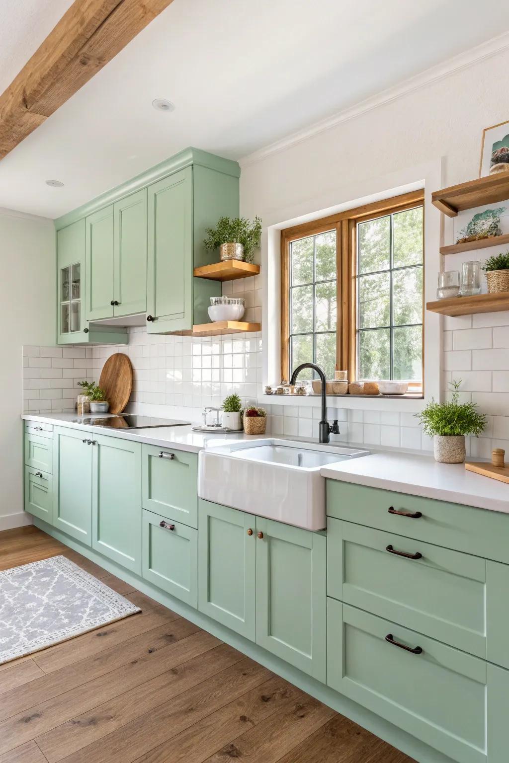 Mint green cabinets provide a fresh and lively atmosphere in the kitchen.