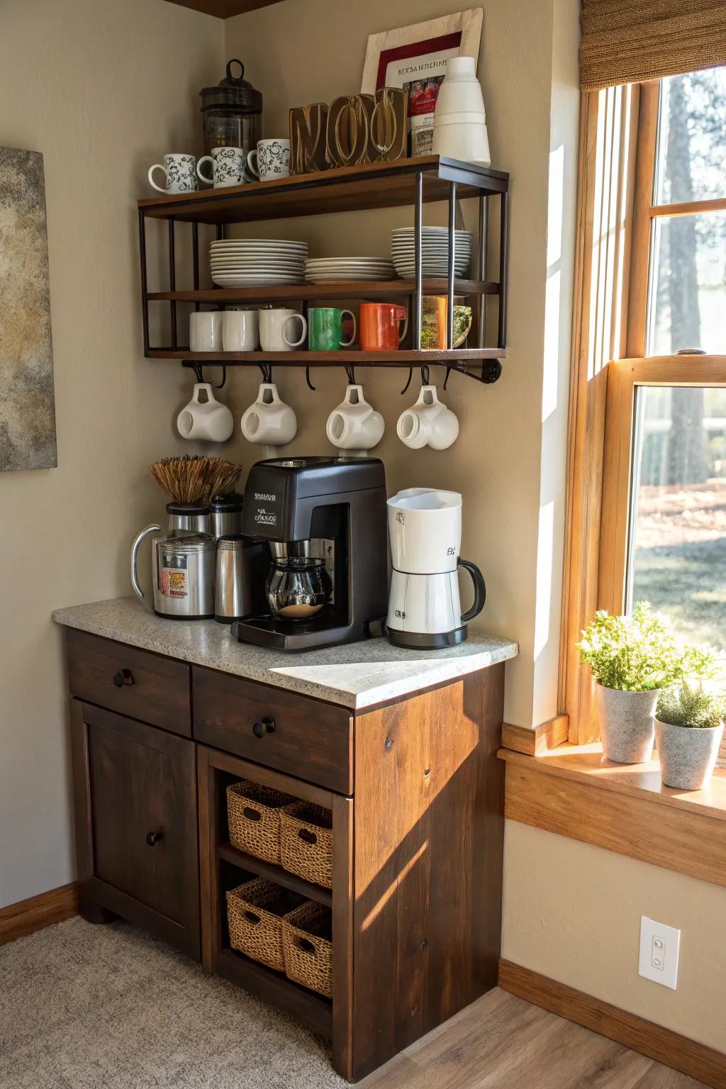 A custom coffee station in the corner adds warmth and functionality.