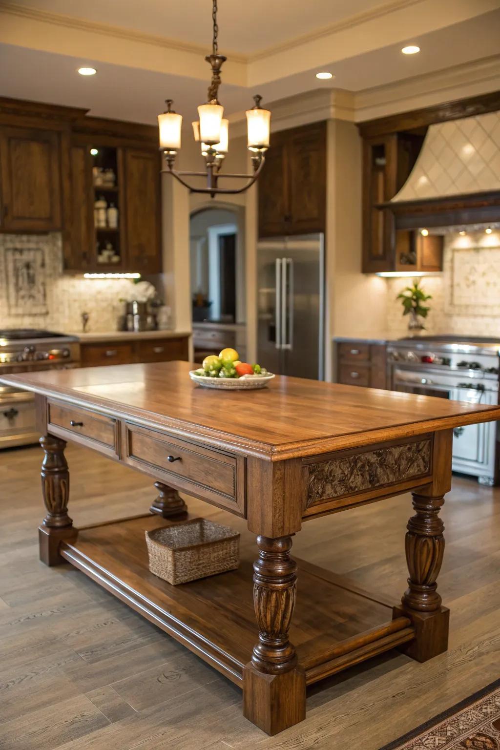 Ageless woodwork infuses warmth into a kitchen island layout.