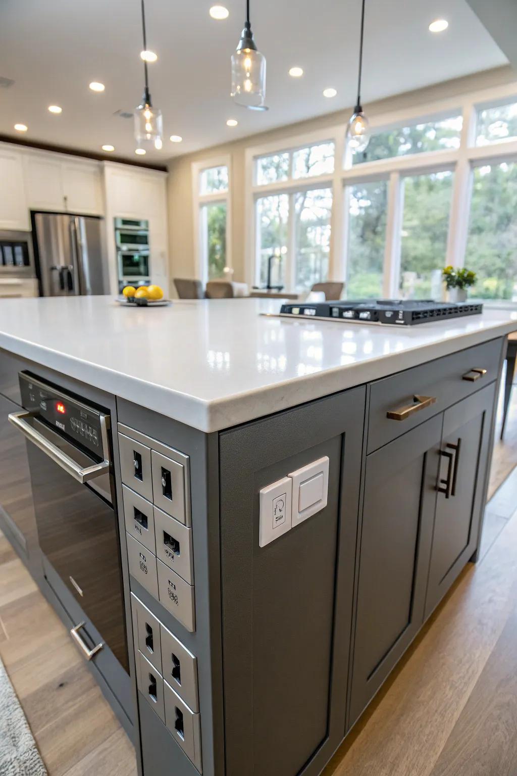 Smart island with integrated outlets for enhanced convenience.