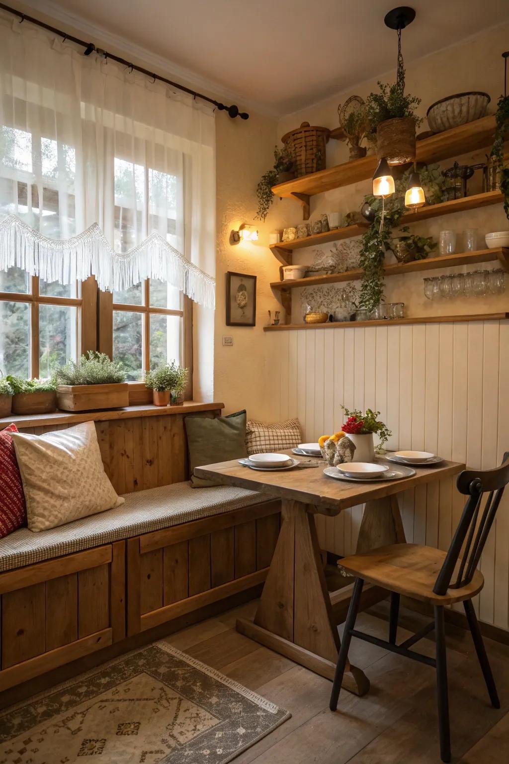 A seating nook offers cozy dining in a compact space.