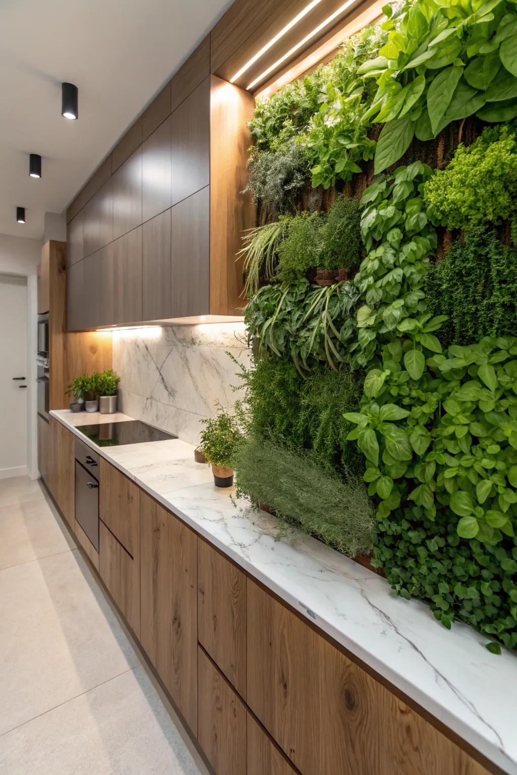 A kitchen showcases a living herb wall, adding freshness and utility.