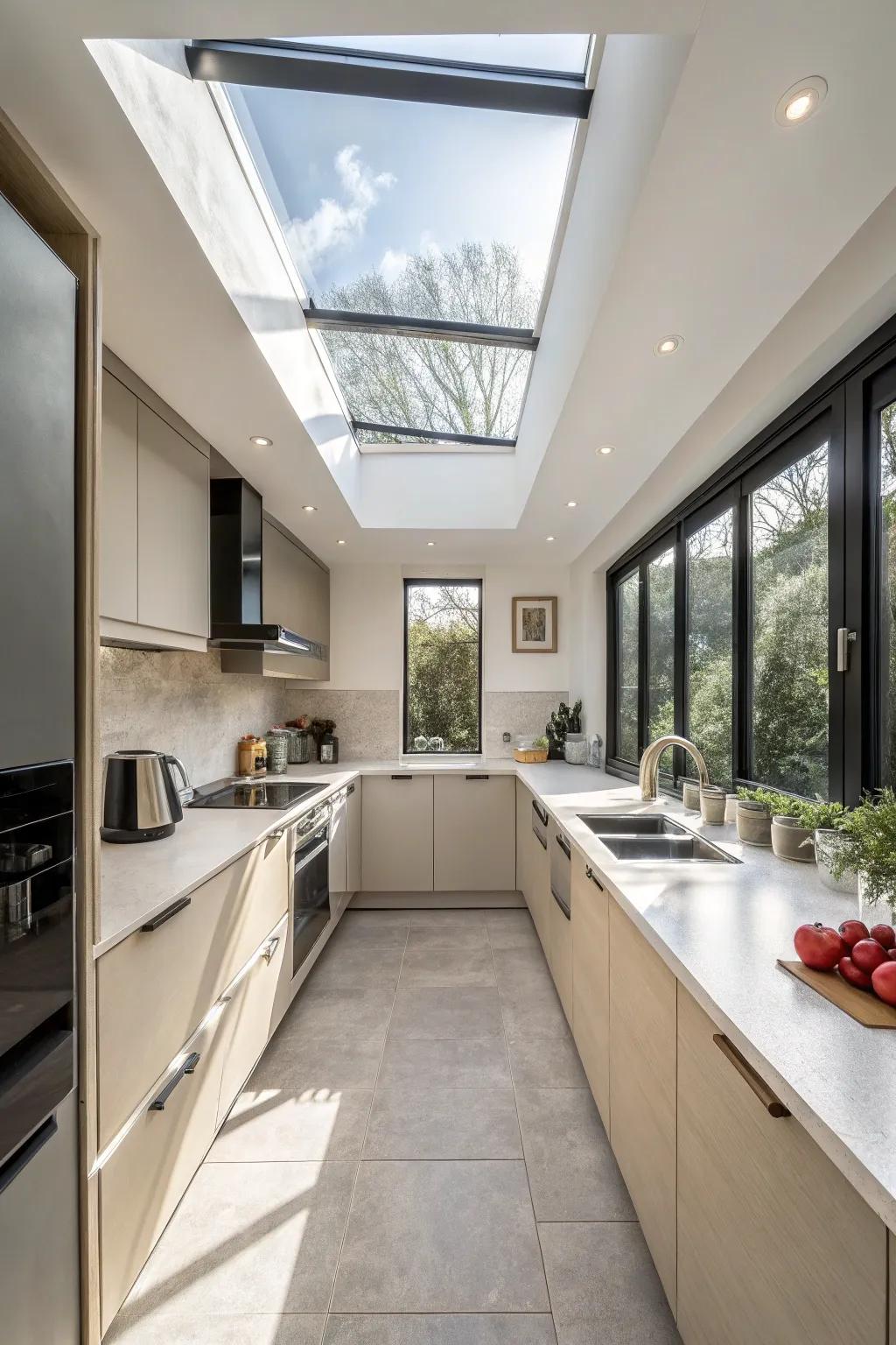 A skylight makes this kitchen feel open.