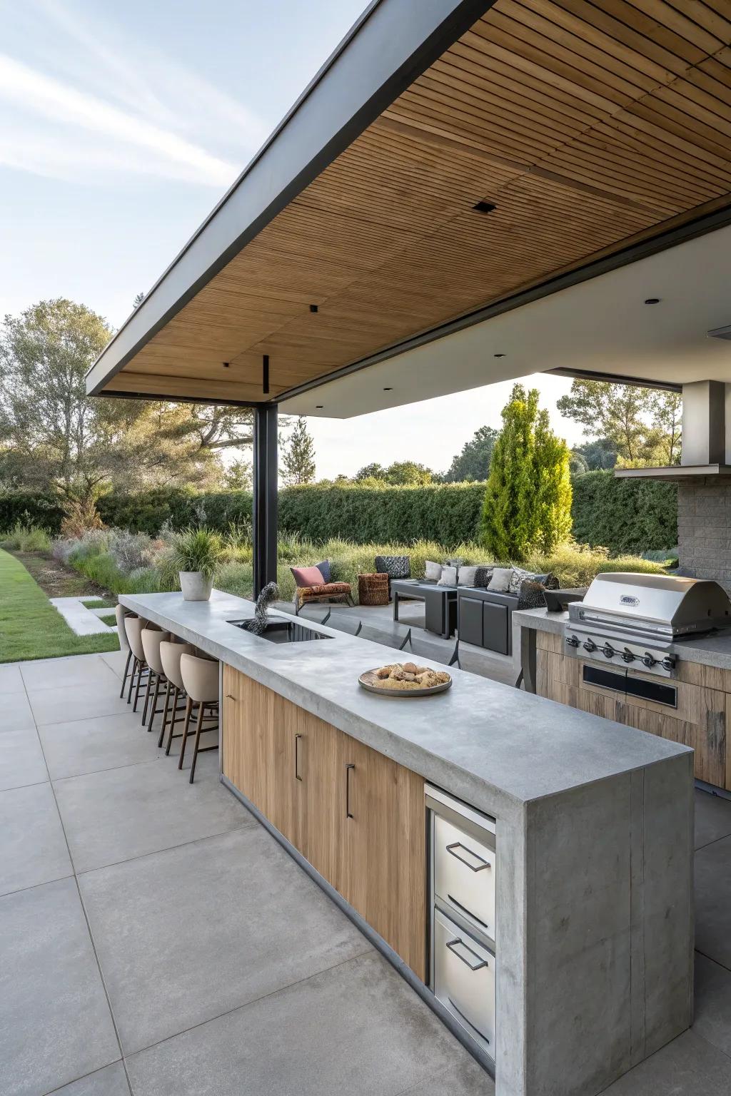 An indoor-outdoor cooking space featuring seamlessly extended engineered stone worktops.