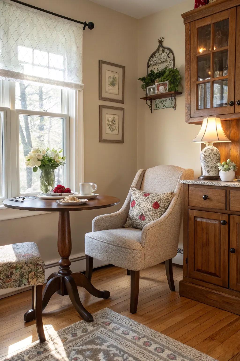 A coffee alcove contributes a charming and functional component.