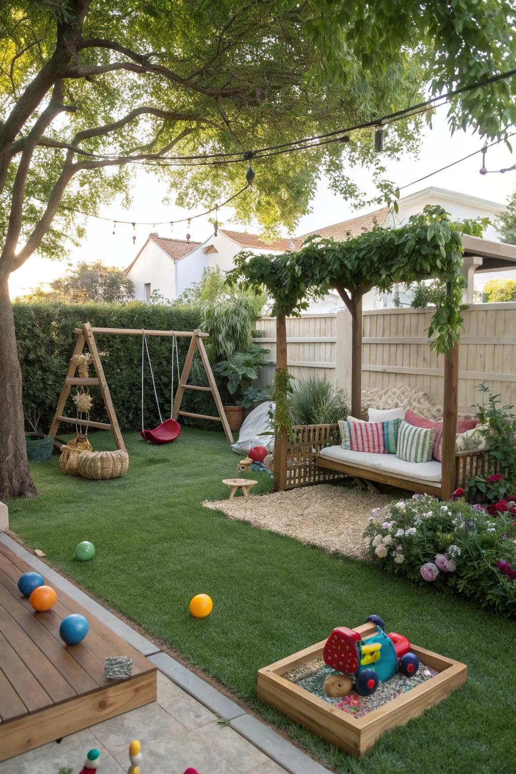 A play area in the garden corner sparks joy and imagination.