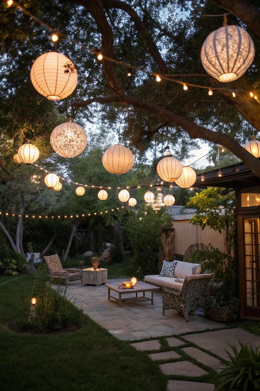Hanging lanterns impart a magical touch to your outdoor spaces.