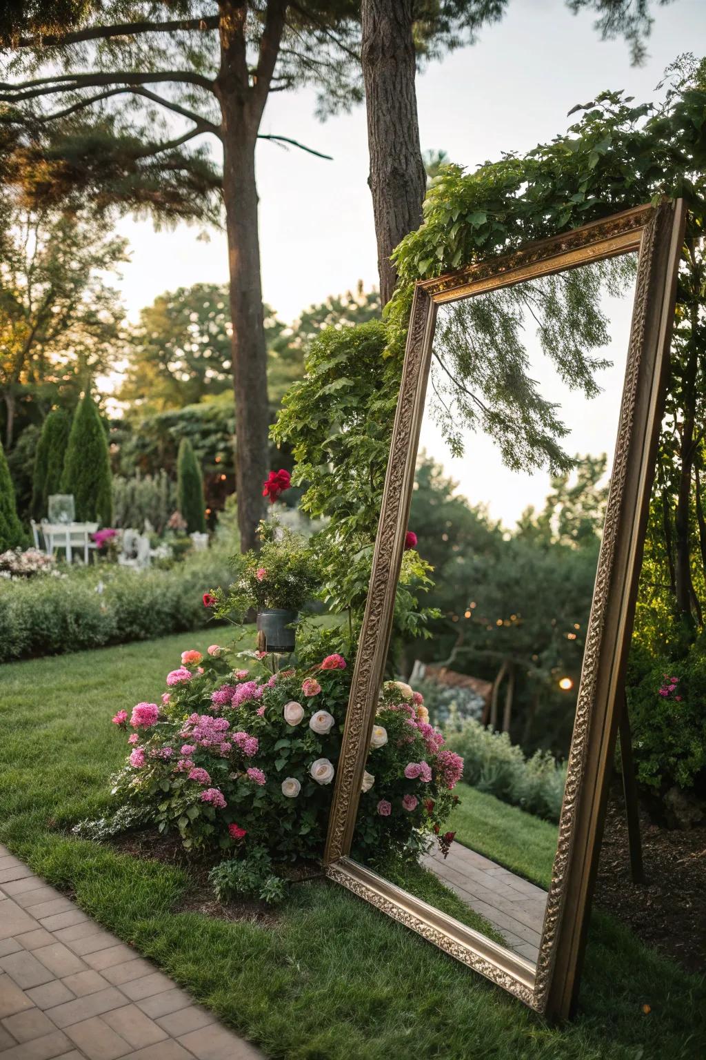 Mirrors in the garden create enchanting reflections of nature.