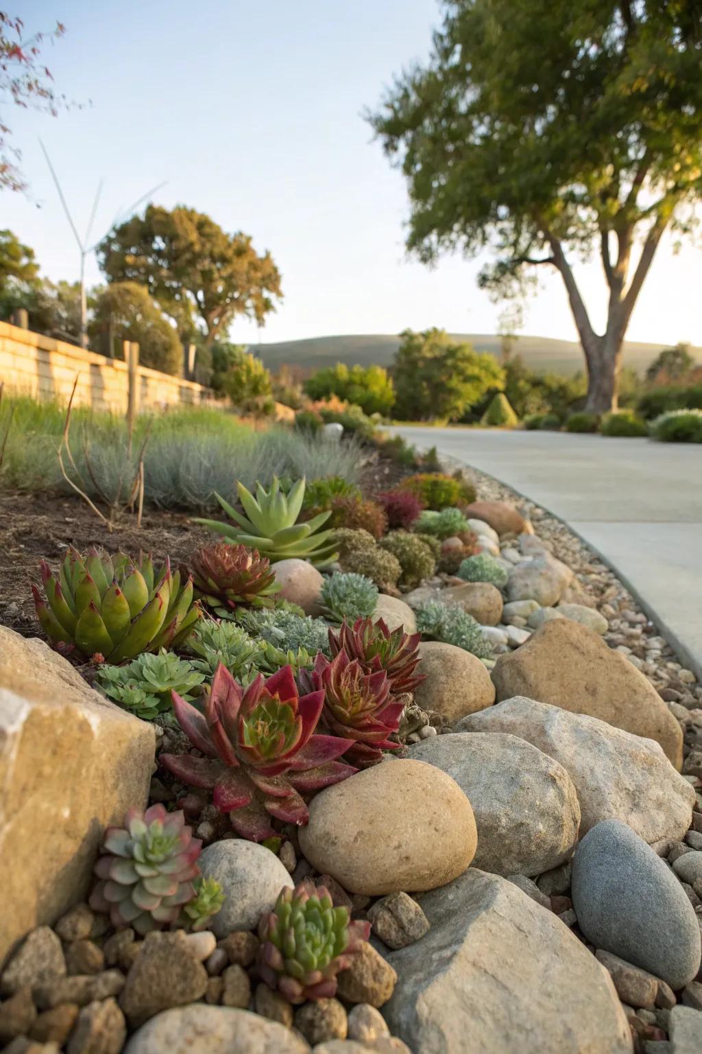 A rock garden enhanced with succulents.