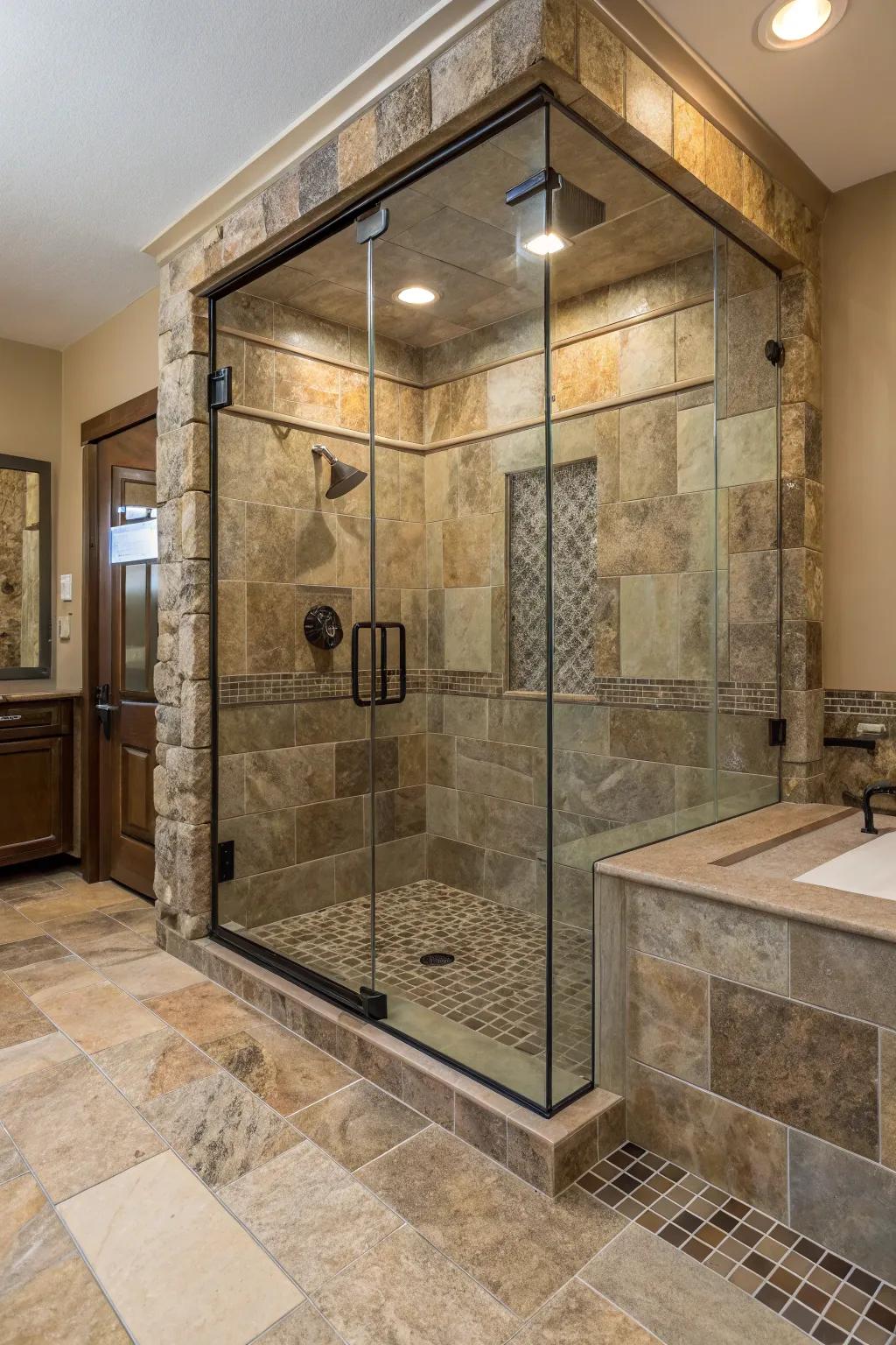 Mixing materials introduces an eclectic charm to large tile showers.