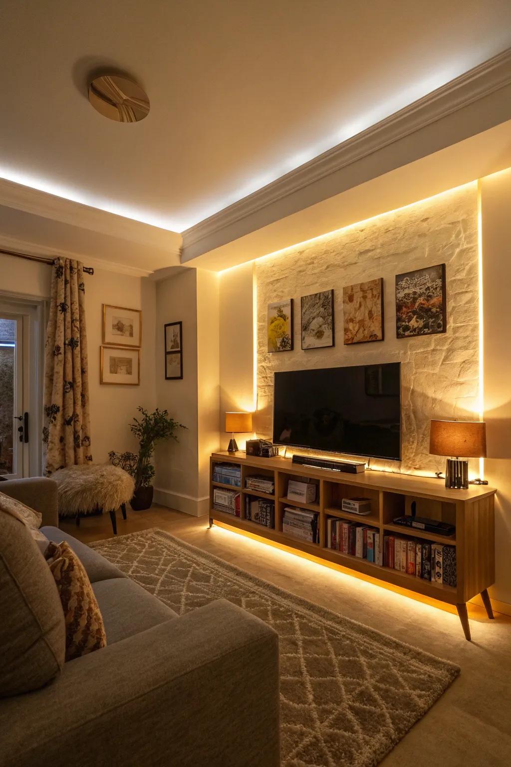 Dramatic highlight wall with LED lighting.