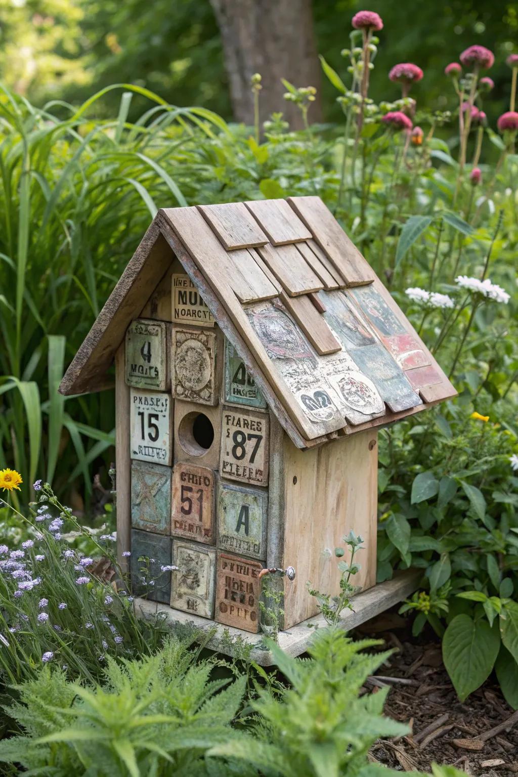 Add charm to your garden with a tag-adorned birdhouse.