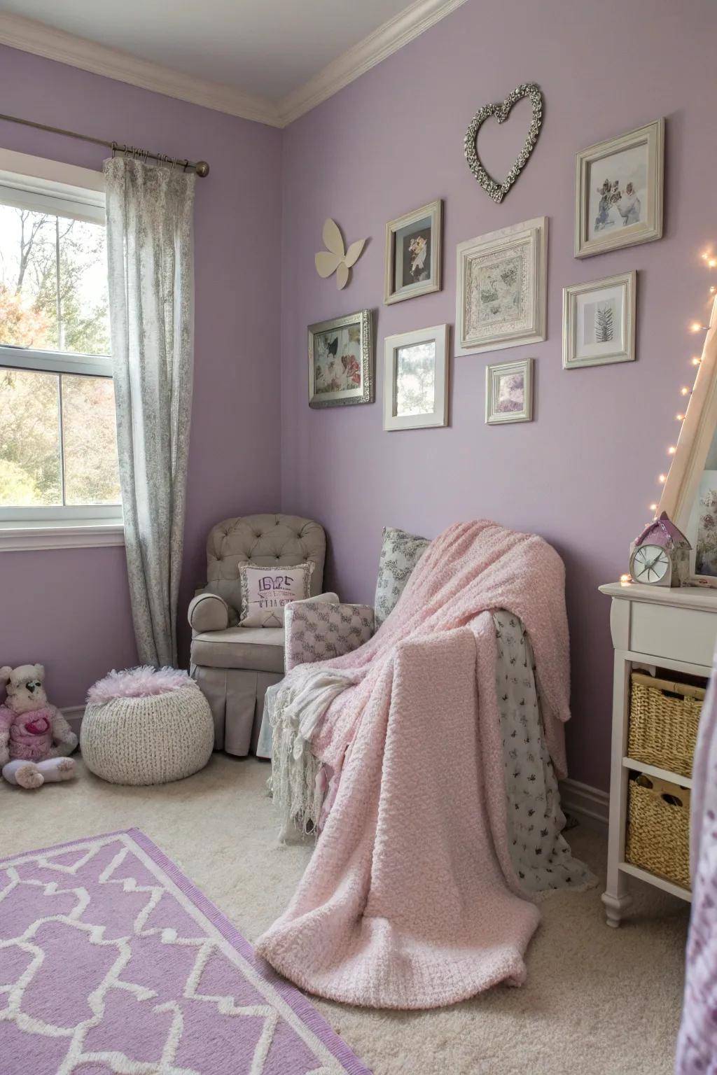 Lavender walls crafting a dreamy and tranquil space.