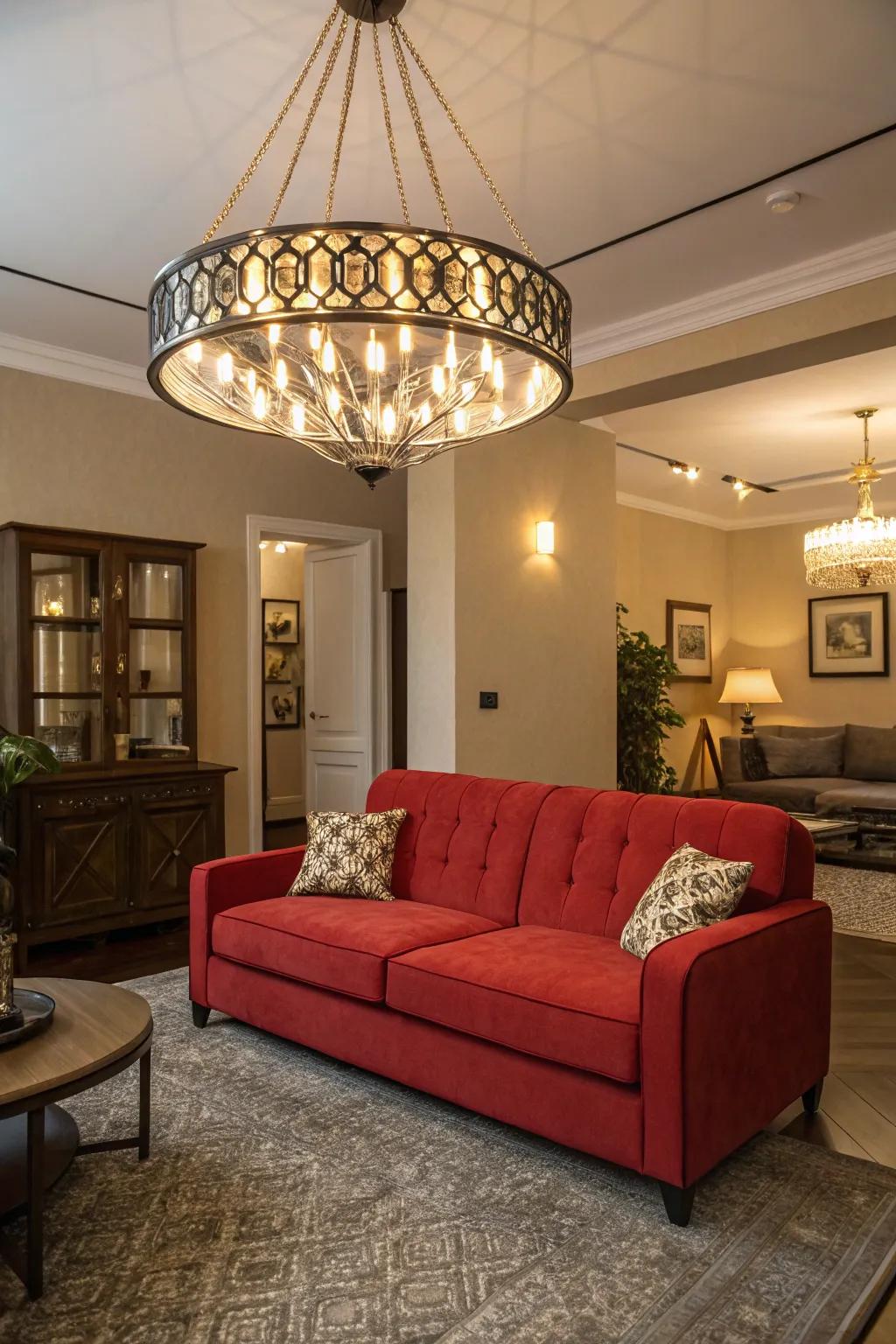 As the room's focal point, notable illumination enhances your red sofa, anchoring it.