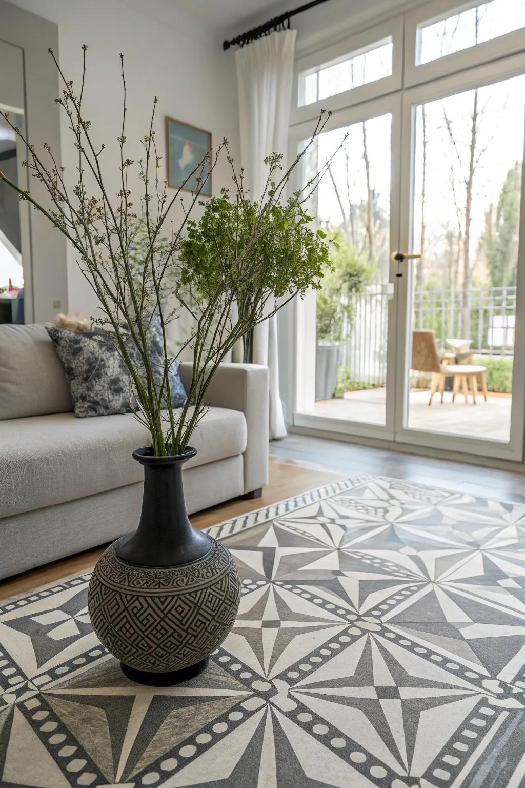 Geometric designs on a vase bring a modern, artistic flair to living space decor.