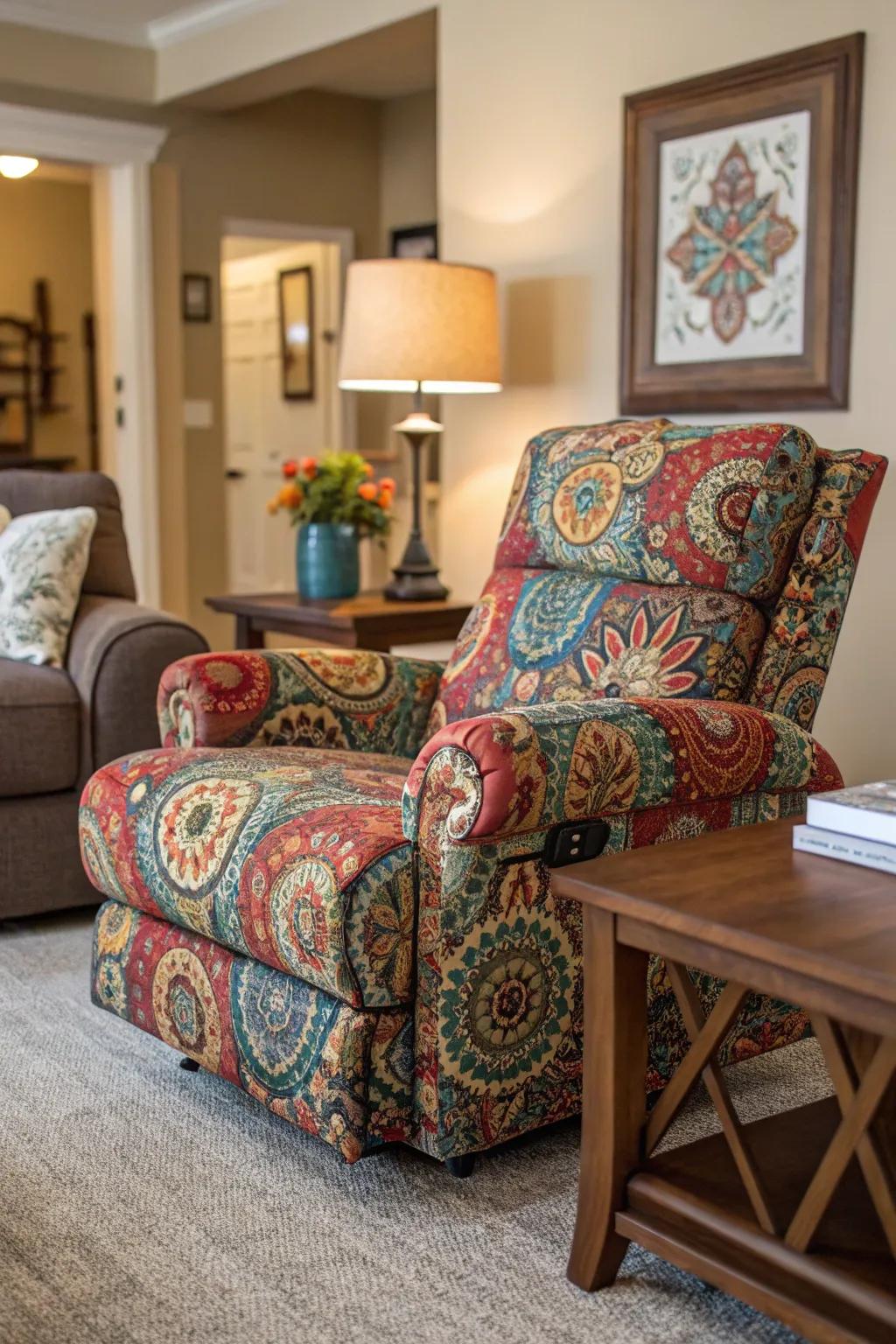 A lively living space with a patterned recliner that adds personality.