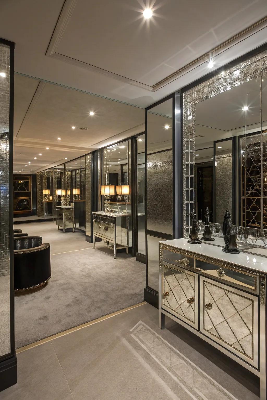 Mirrored furniture enhances the sensation of space and light.