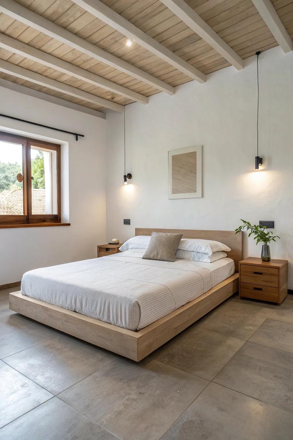 A clean, modern space with floating nightstands.