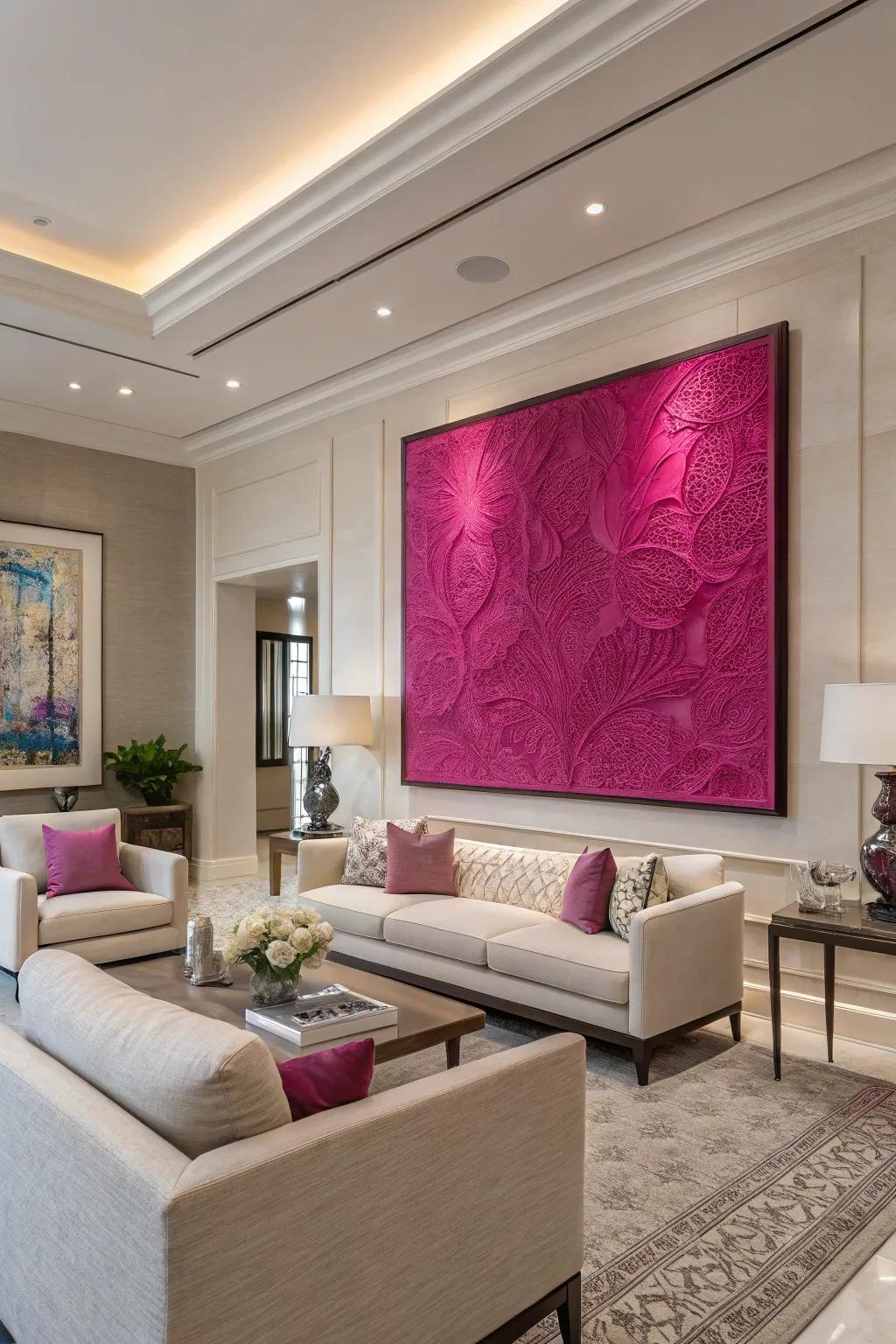 A large magenta artwork serves as a striking focal point in this modern room.