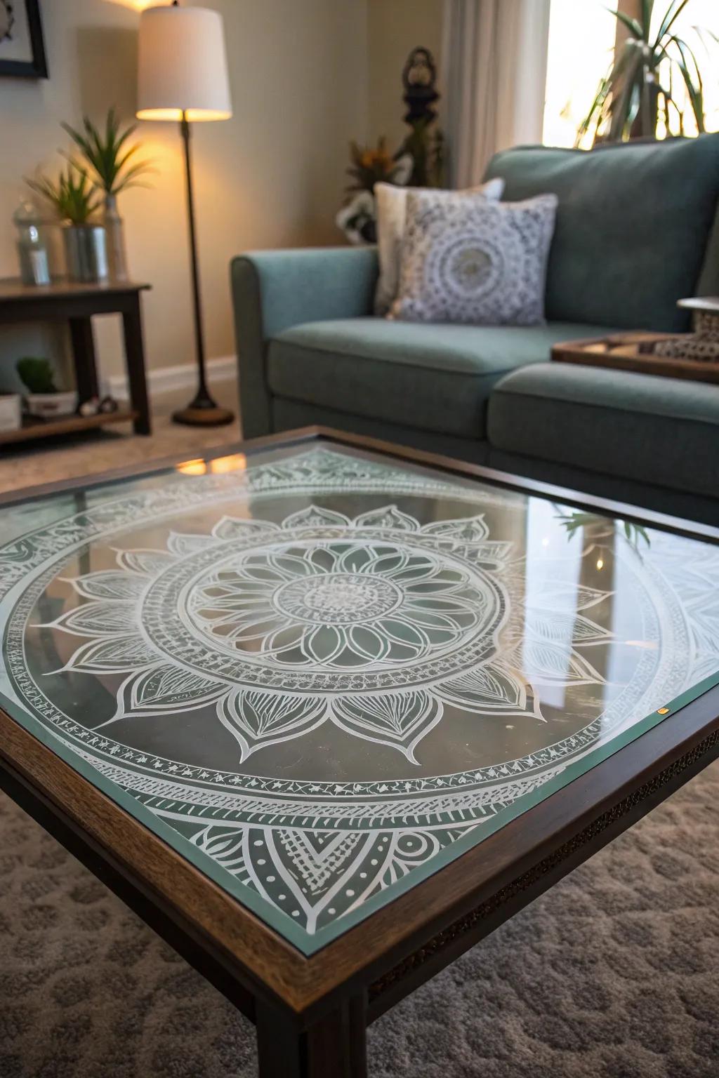 Etched sacred geometry designs on a glass coffee table adding style.
