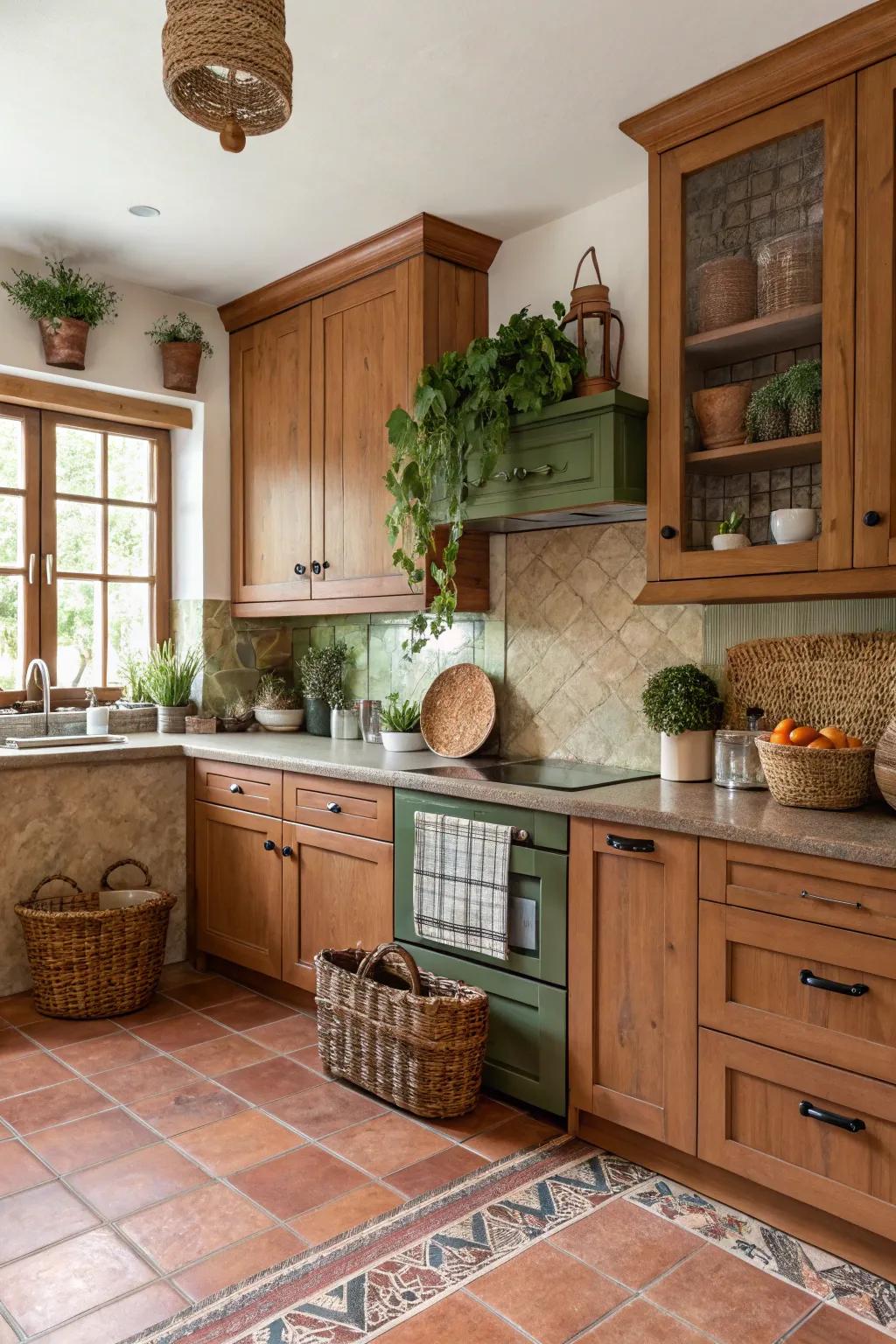 A warm cooking space with maple cabinets and earthy tones for a calming atmosphere.